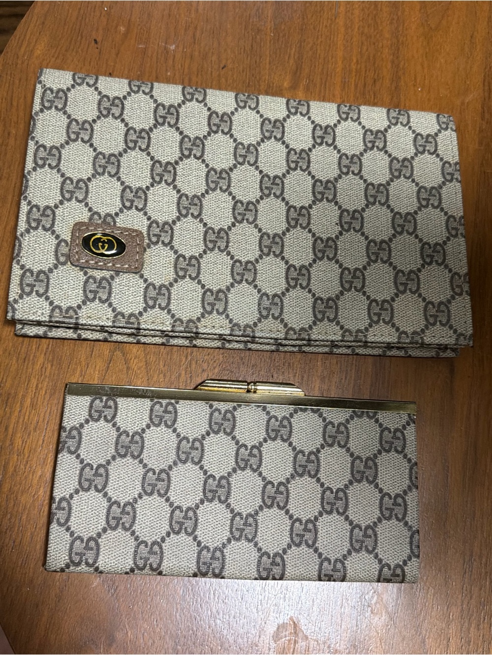 Gucci Beige and Brown GG Monogram Clutch and wallet Set with Gold-Tone Accents